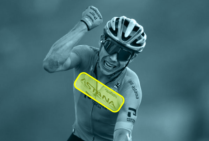 Astana logo placed on the front of the Tour de France cyclist