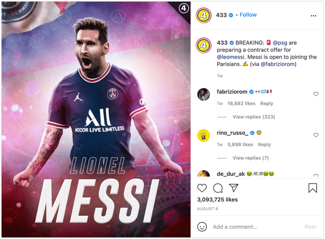 Example of how PSG increased brand awareness on social media using Lionel Messi